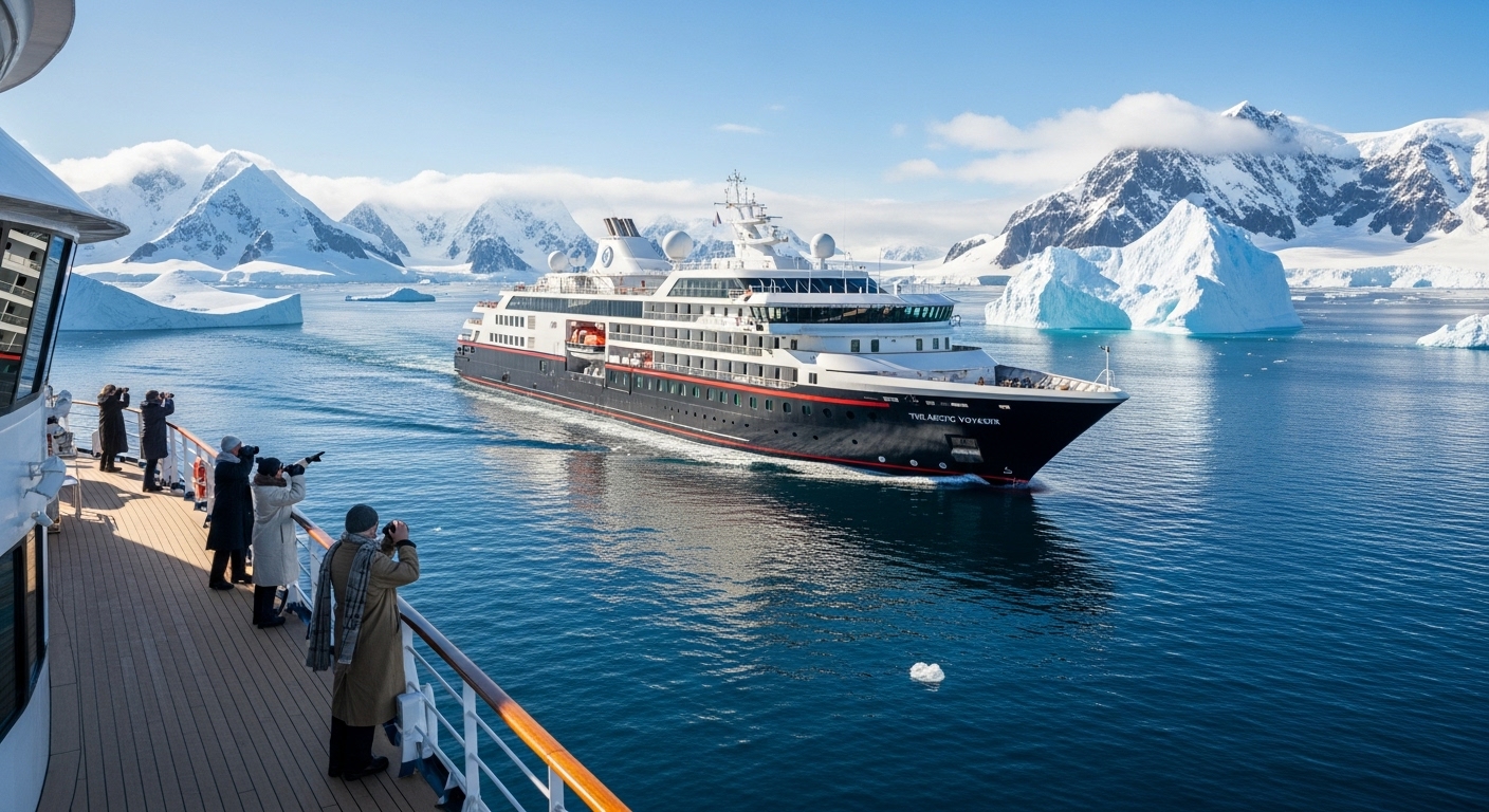 A luxurious, ice-strengthened expedition cruise ship with sleek lines, navigating through calm, deep blue Antarctic waters, with towering icebergs and snow-capped mountains in the background under a clear, bright sky. The ship's deck is visible with a few elegant figures observing the scenery.