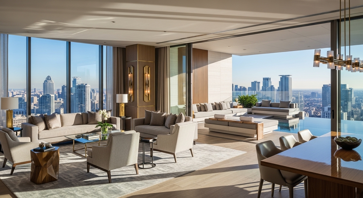 A lavish, sun-drenched private hotel suite with panoramic city views, featuring elegant contemporary furniture, a private balcony with comfortable seating, and a large infinity pool reflecting the sky. The decor is sophisticated with natural textures and subtle gold accents, exuding an atmosphere of serene luxury. Photorealistic, high-resolution.