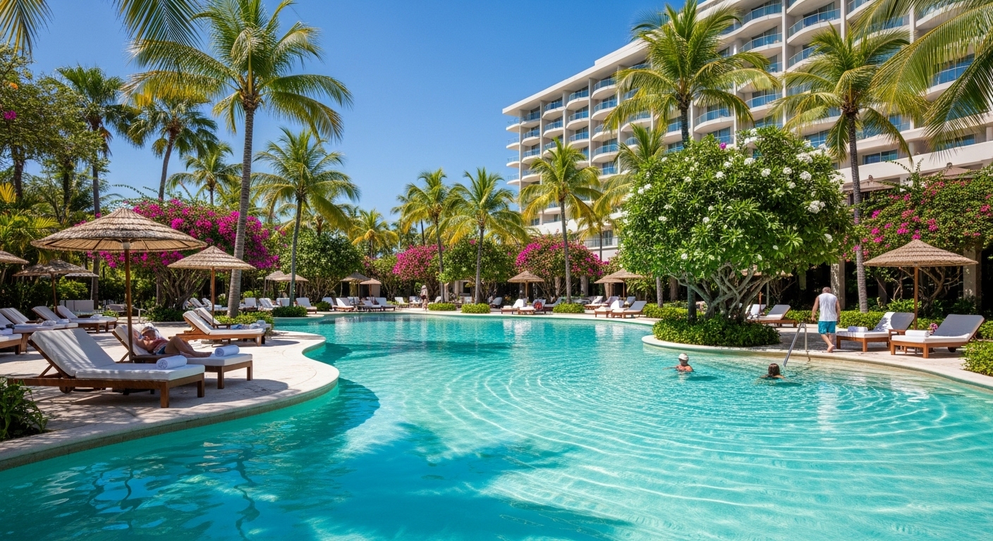 A wide shot of a luxurious resort pool area with crystal-clear blue water, surrounded by lush tropical greenery and elegant sun loungers, with a majestic hotel building in the background, under a clear sunny sky. The scene is calm and inviting, with a few people leisurely enjoying the amenities. High-detail, photorealistic.