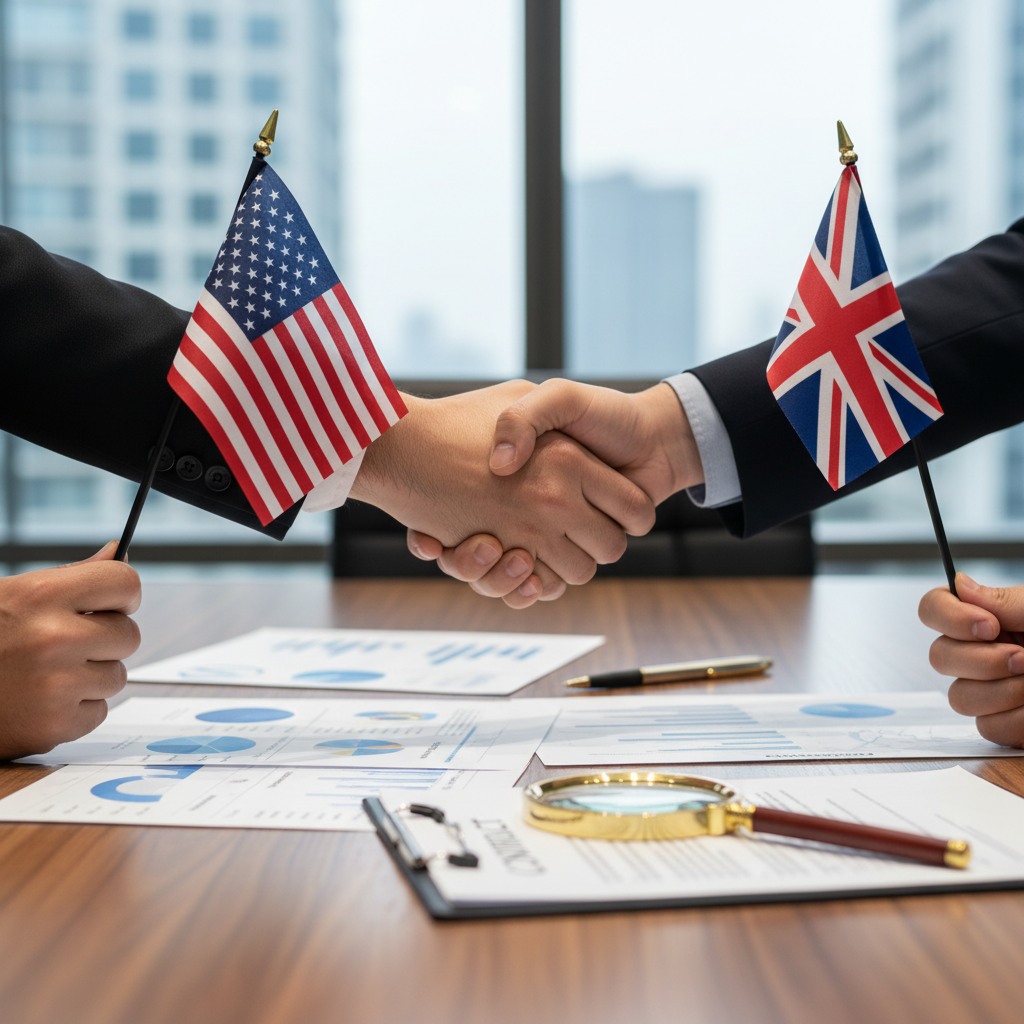 A detailed and photorealistic image showing two hands, one holding a miniature American flag and the other a miniature British flag, shaking firmly across a table covered with blurred financial documents and a magnifying glass, symbolizing the US-UK tax treaty agreement and cooperation in financial matters.