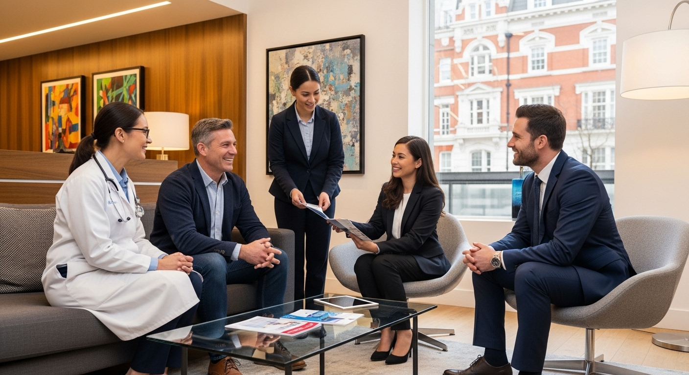 A diverse group of smiling professionals, including a doctor and a patient, discussing health insurance options in a bright, modern private clinic reception area in London. The scene is calm and reassuring, with subtle UK architectural elements visible through a window.