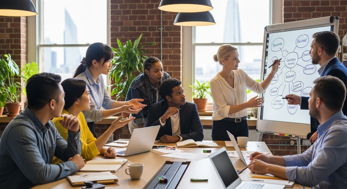 A diverse group of expat entrepreneurs networking and discussing business ideas in a modern, vibrant office space in London, UK, with a focus on collaborative brainstorming.