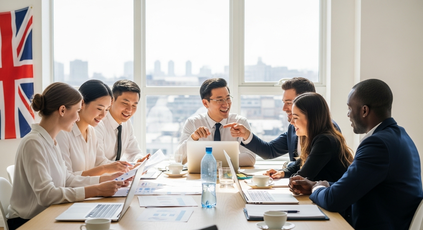A diverse group of business professionals from different ethnic backgrounds smiling and collaborating around a large table in a modern, sunlit office space, discussing financial documents and laptops. The atmosphere is relaxed and productive, with a UK flag subtly visible in the background.