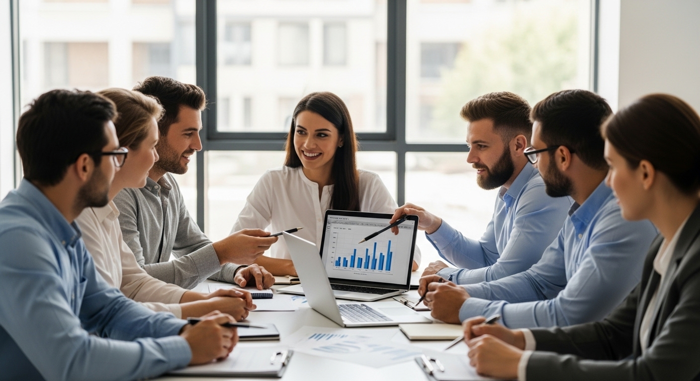 A diverse group of people, appearing to be expats from various backgrounds, are sitting around a table in a modern, bright office, actively engaged in a discussion with a professional financial advisor. The advisor is pointing to a laptop screen showing financial graphs, and there are documents and pens on the table. The atmosphere is collaborative and attentive, suggesting a serious yet comfortable consultation.