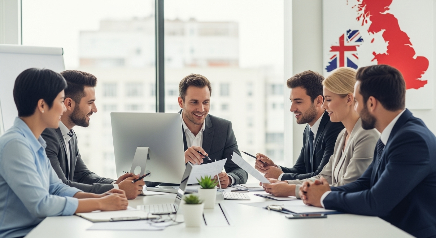 A professional, diverse group of people, possibly expats, sitting around a table in a modern, brightly lit office, engaging in a friendly and focused discussion with an immigration lawyer. The lawyer is explaining documents, pointing to a computer screen, with a visible UK map or flag in the background, conveying reassurance and expert guidance. The atmosphere is calm and collaborative.