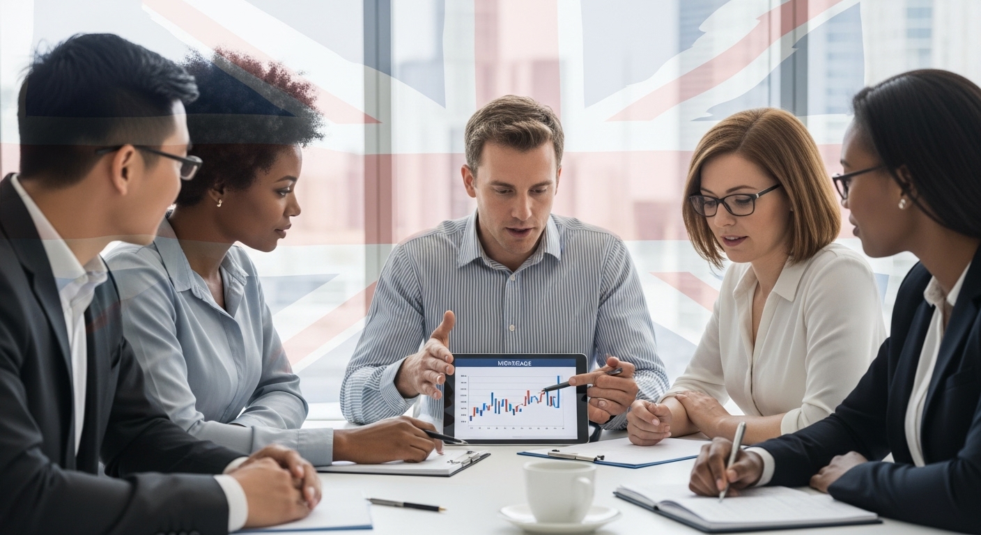 A diverse group of people, appearing professional and international, are gathered around a table in a bright, modern office, engaged in a discussion with a mortgage advisor who is pointing at a financial chart on a tablet. The scene is calm, focused, and suggests effective financial planning for international clients. The background shows a subtle blend of city skyline and British flag elements, indicating global reach with a UK focus.