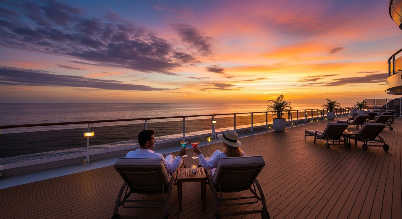 A wide shot from the deck of an opulent cruise ship at sunset, showing the calm, sparkling ocean stretching to the horizon with a vibrant orange and purple sky. Luxurious deck chairs are visible, and a couple sipped cocktails in the foreground, enjoying the serene view. Photorealistic, high detail.