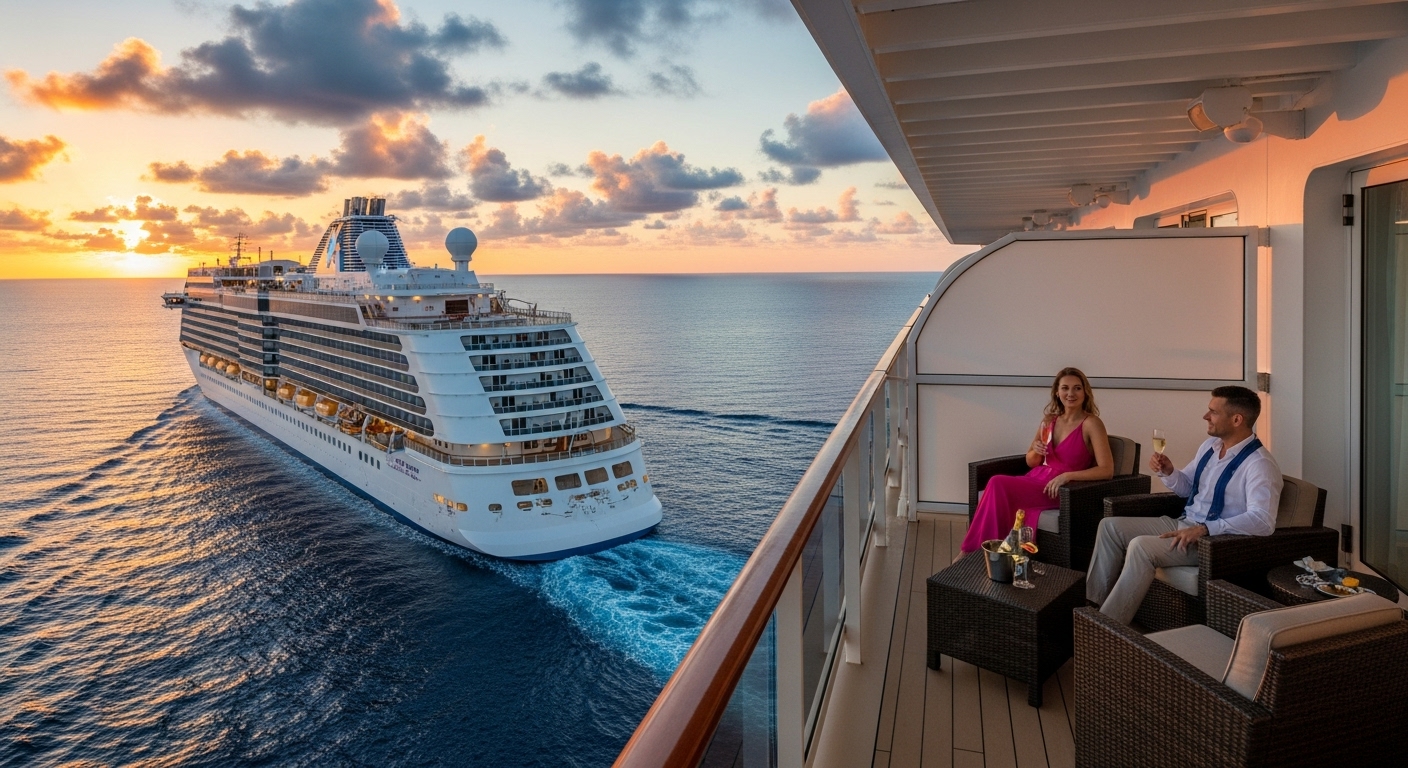 A luxurious cruise ship sailing smoothly through calm, sapphire-blue waters at sunset. A sophisticated couple, dressed in elegant evening attire, is enjoying a glass of champagne on their expansive private balcony, which features comfortable outdoor seating. The sky is painted with vibrant hues of orange, pink, and purple, and the ship's lights are beginning to twinkle. The scene conveys a sense of peace, romance, and opulence, with the vast ocean stretching into the horizon.