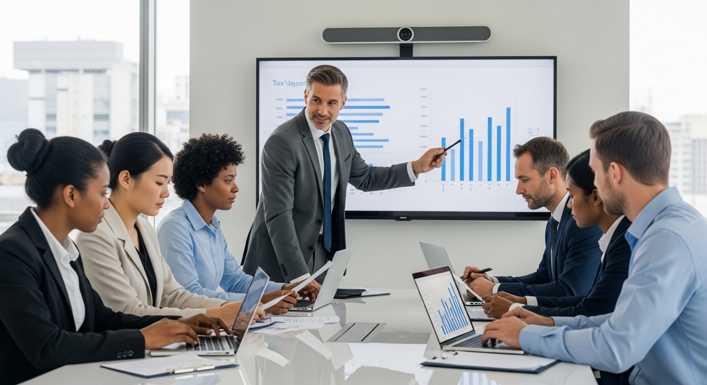 A diverse group of expat individuals, from different backgrounds, looking thoughtfully at documents and screens with a professional tax advisor, who is pointing to a chart. The setting is a modern, bright office, depicting clarity and helpful guidance. The overall mood is reassuring and competent. Photorealistic.