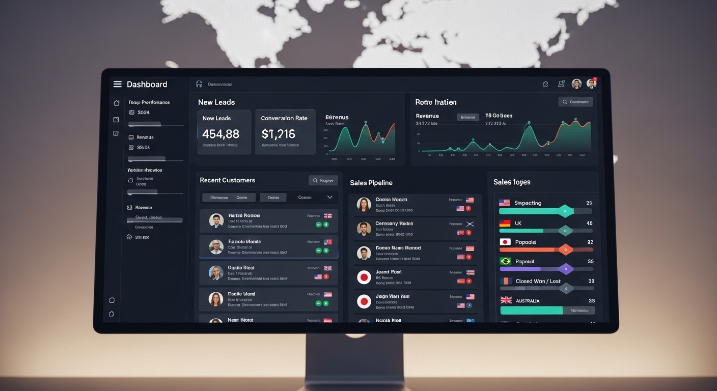 a detailed, photorealistic image of a sleek, modern CRM dashboard displaying various metrics, customer profiles, and sales pipelines, with small flags representing different countries to signify international operations. A blurred background shows a global map.