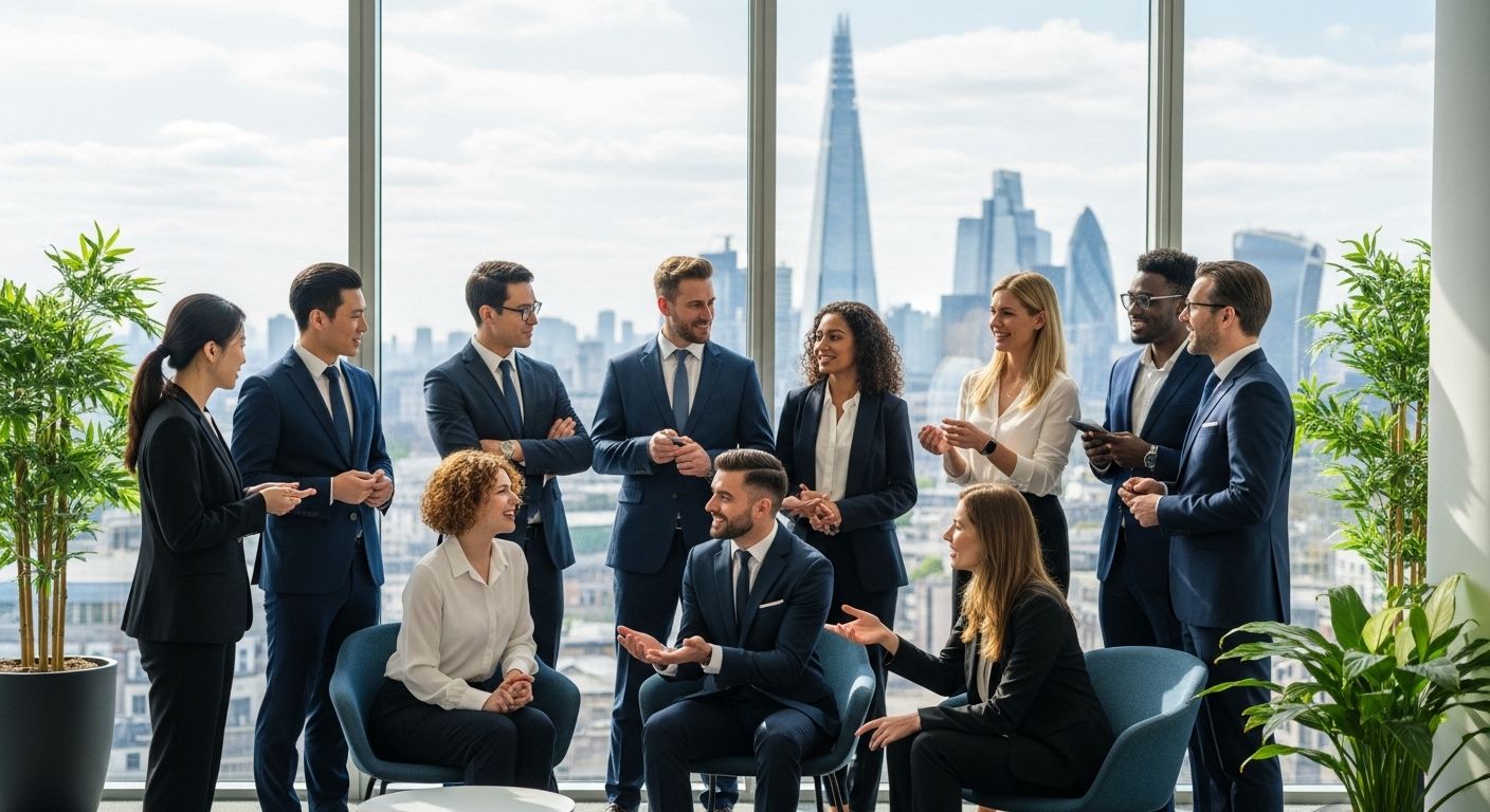 A diverse group of professional expats, some in business attire, smiling and engaging in conversation within a modern, sunlit office space overlooking the London skyline. They appear confident and optimistic about their business ventures in the UK. Photorealistic, high-resolution.