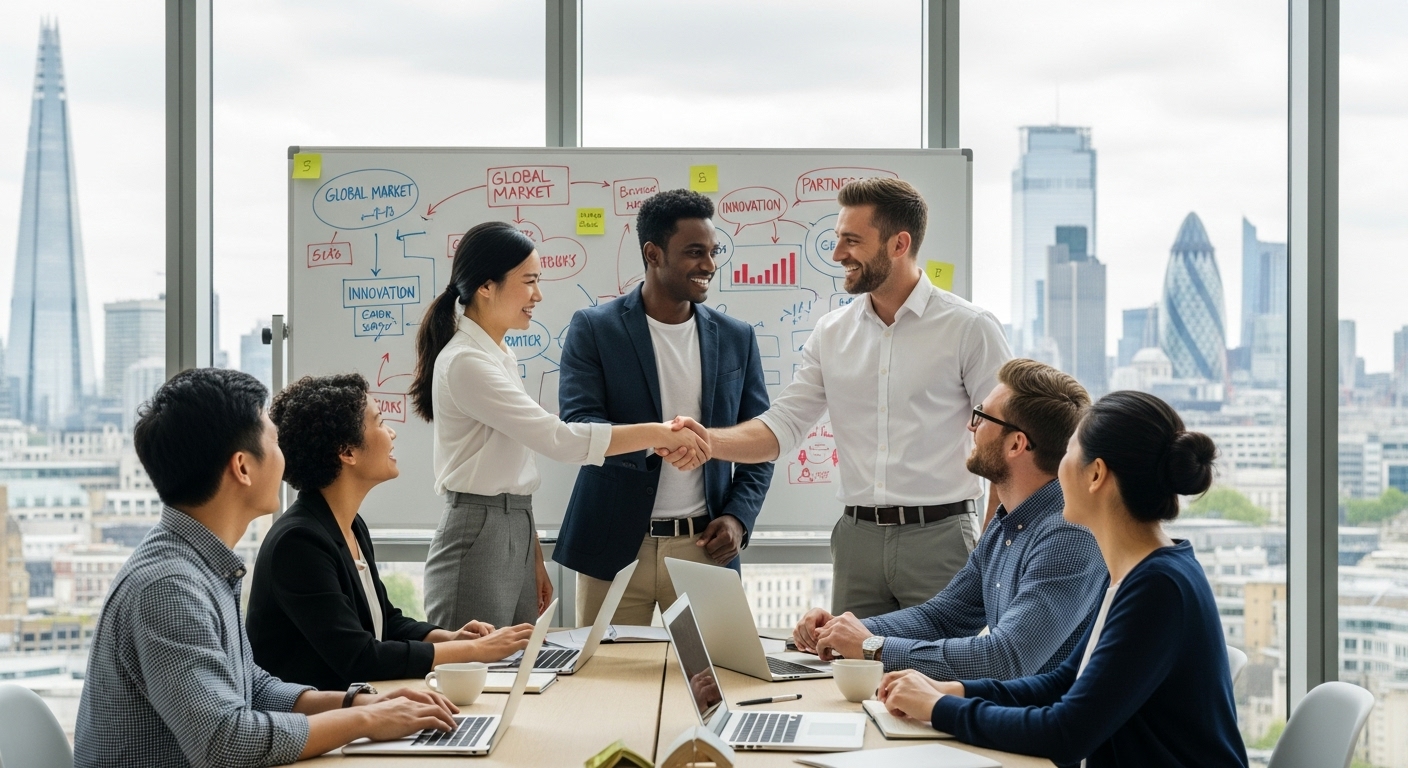 A diverse group of expat entrepreneurs from various ethnic backgrounds, smiling and shaking hands in a modern, light-filled co-working space in London. There are laptops open on tables, a whiteboard with business ideas, and city skyline views through large windows in the background. The atmosphere is collaborative and optimistic, with a focus on global business connectivity.