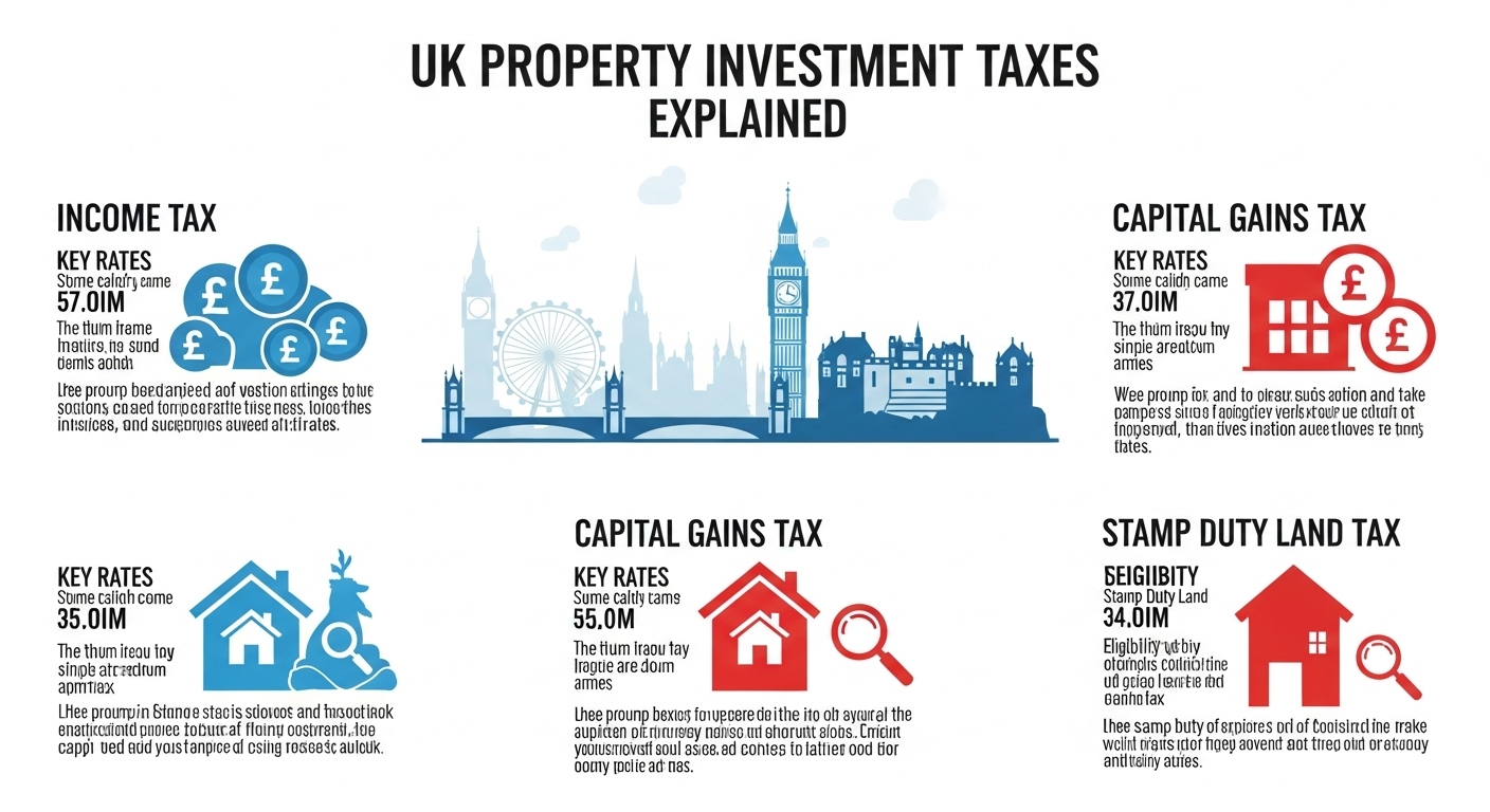 A vibrant, detailed infographic illustrating various UK taxes relevant to property investment, such as income tax, capital gains tax, and stamp duty. The infographic should be clear, professional, and easy to understand, with a subtle background featuring UK landmarks.