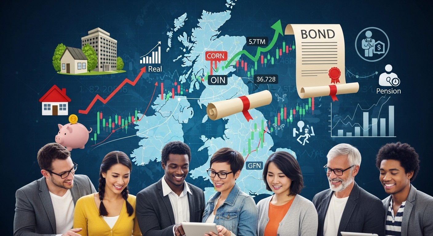 A vibrant, detailed image showing a diverse array of financial symbols and digital charts, representing various investment opportunities like real estate icons, stock market tickers, bond certificates, and pension symbols, all elegantly superimposed over a stylized map of the United Kingdom. In the foreground, a group of diverse expatriates are thoughtfully reviewing investment data on a tablet, with a sense of informed decision-making and future prosperity. The scene is brightly lit and photorealistic.