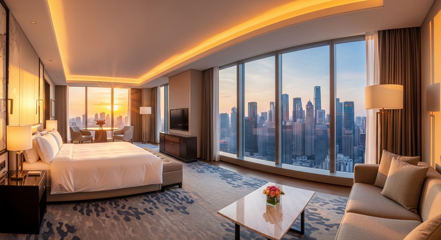 A stunning, photorealistic wide-angle shot of a lavish, expansive luxury hotel suite with floor-to-ceiling windows overlooking a vibrant city skyline at sunset. The suite features contemporary design, a comfortable king-size bed with crisp white linens, a plush sofa, and a marble coffee table adorned with a small vase of fresh flowers. The lighting is warm and inviting, highlighting the elegant decor.